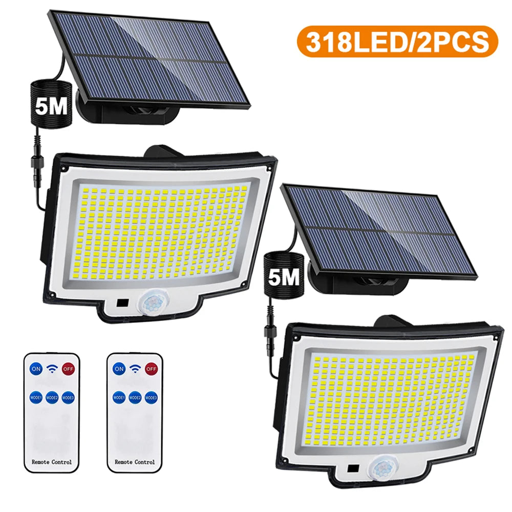 Luces solares para exteriores, 172 LED, 3 modos, sensor de movimiento dividido, impermeables, 318 LED, focos solares para patio y jardín.