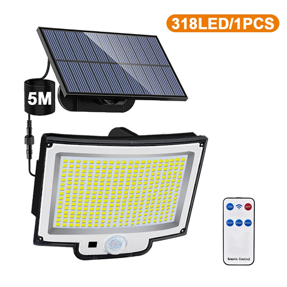 Luces solares para exteriores, 172 LED, 3 modos, sensor de movimiento dividido, impermeables, 318 LED, focos solares para patio y jardín.