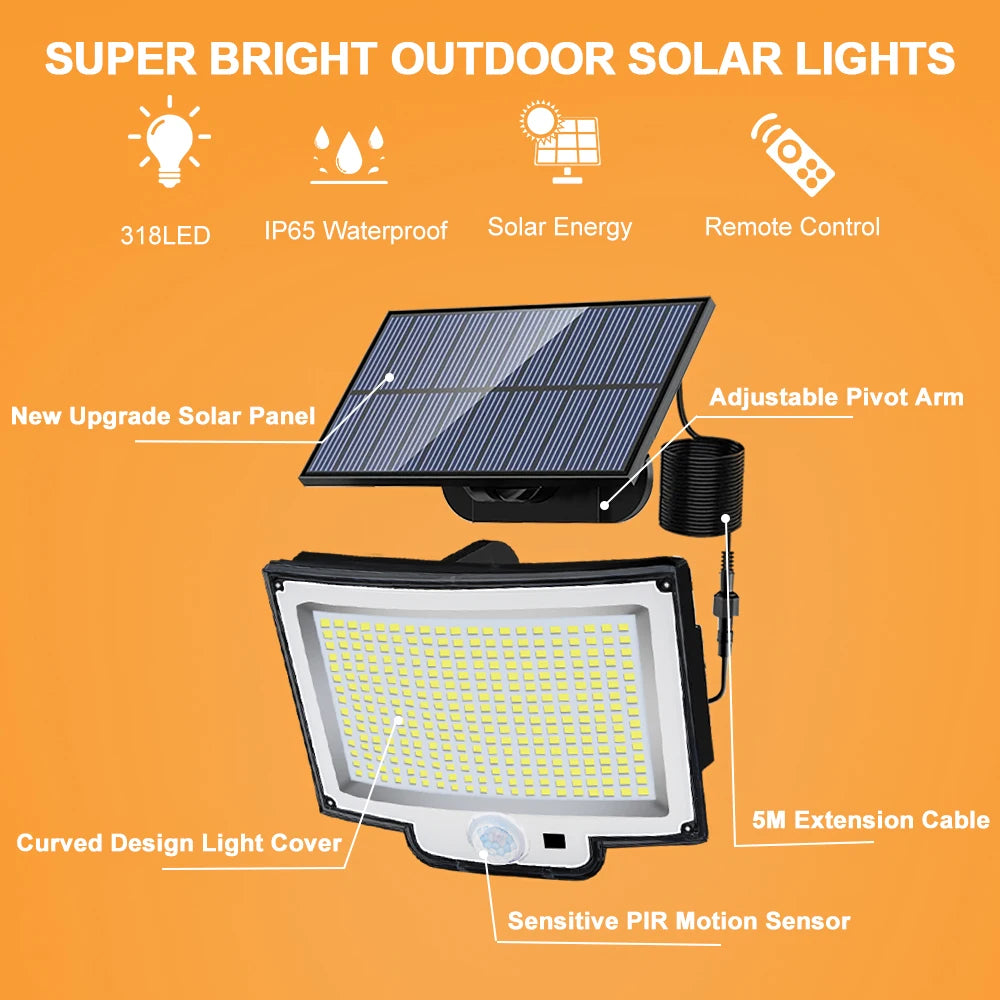 Luces solares para exteriores, 172 LED, 3 modos, sensor de movimiento dividido, impermeables, 318 LED, focos solares para patio y jardín.