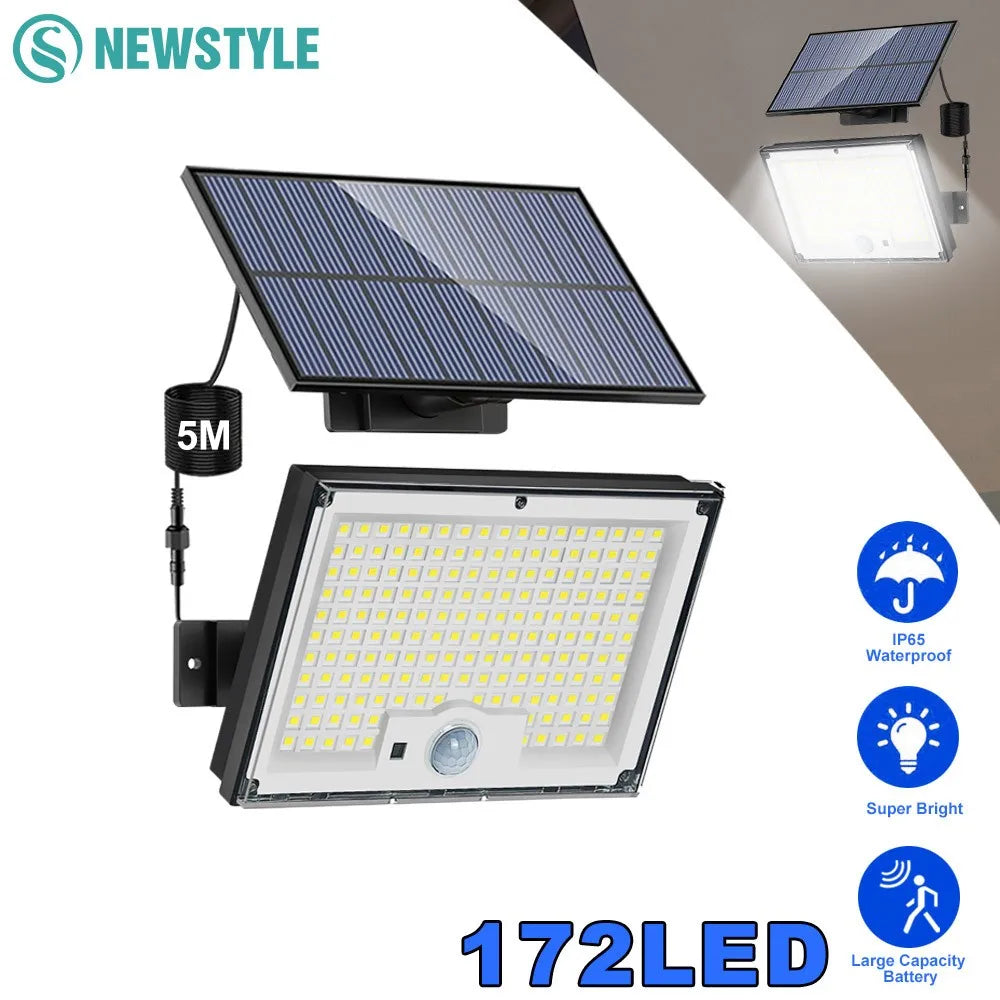 Luces solares para exteriores, 172 LED, 3 modos, sensor de movimiento dividido, impermeables, 318 LED, focos solares para patio y jardín.