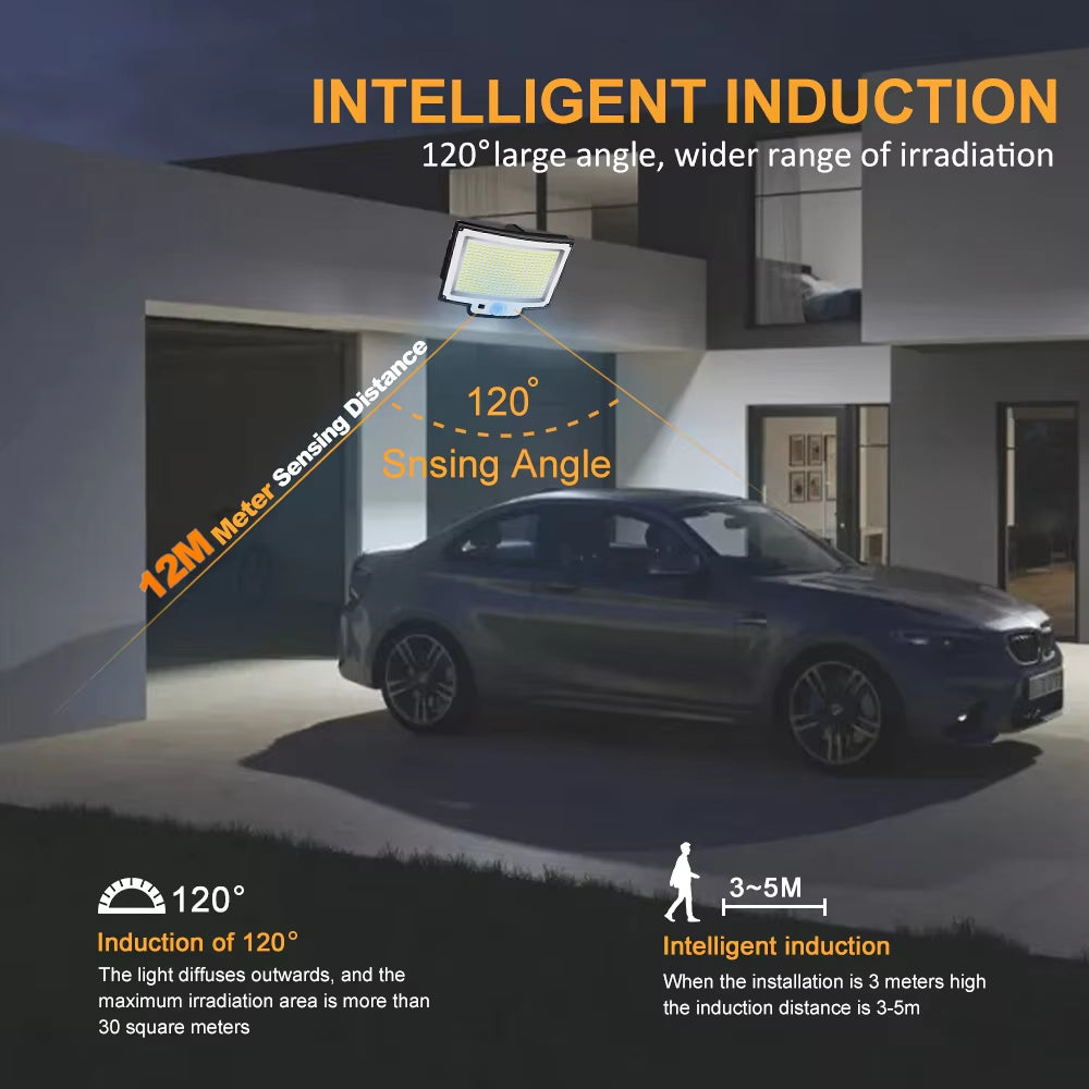 Luces solares para exteriores, 172 LED, 3 modos, sensor de movimiento dividido, impermeables, 318 LED, focos solares para patio y jardín.